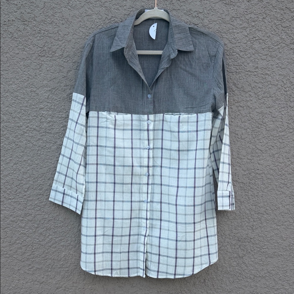 Women's Two-Tone Gray and White Plaid Button-Down Shirt